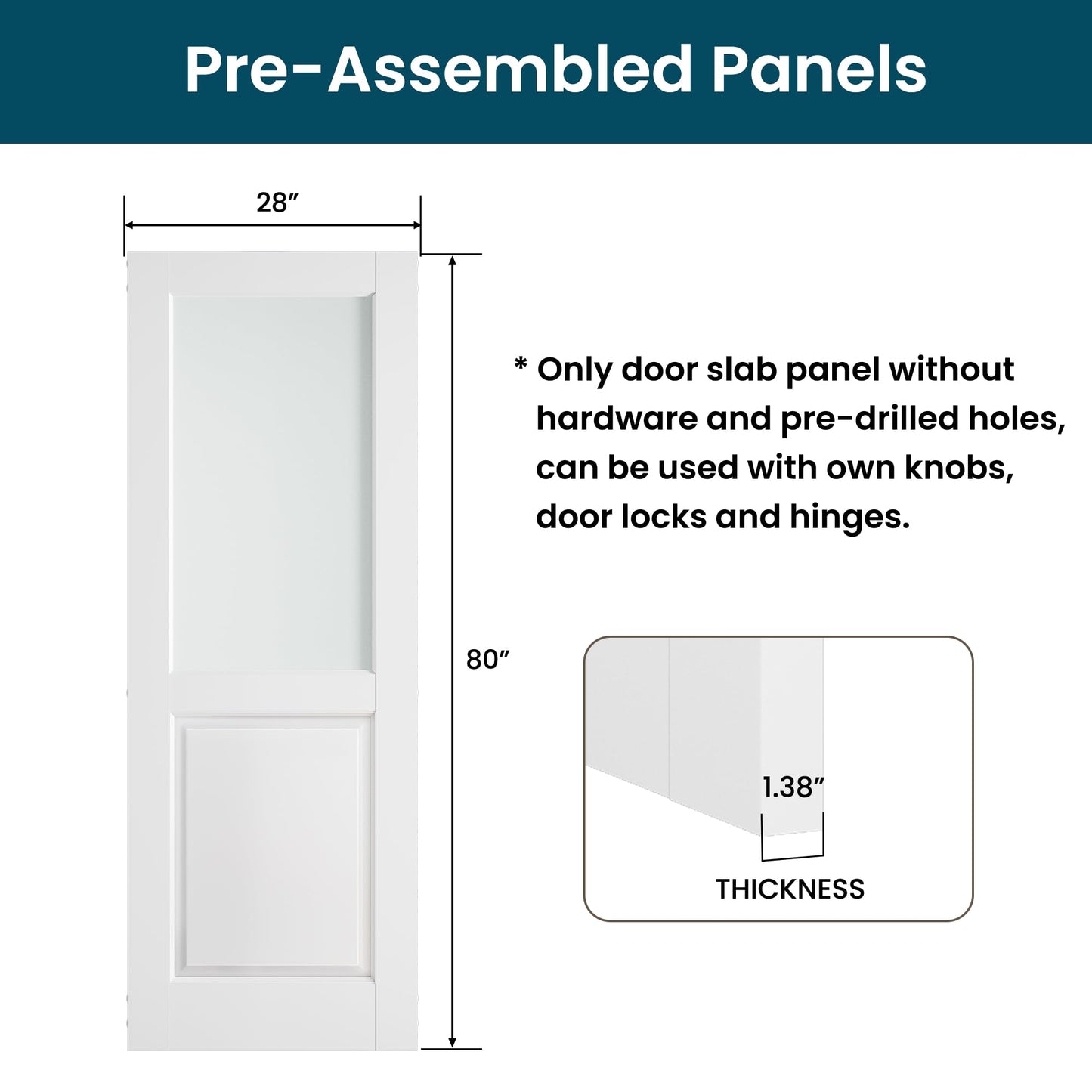 SMARTSTANDARD 28" x 80" Frosted Glass Interior Door Slab, Solid Core