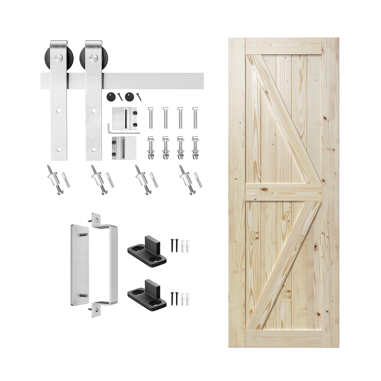 SMARTSTANDARD 30in x 80in Sliding Barn Door with Brushed Nickel Hardware | 5FT Track Kit & Handle, Assembly is Required, DIY Unfinished Solid Spruce Wood Panelled Slab, K-Frame