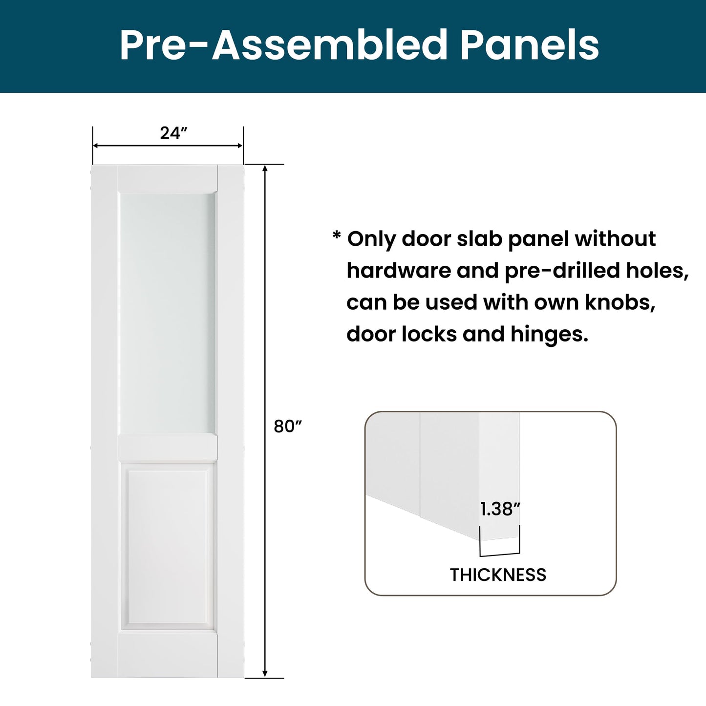 SMARTSTANDARD 24" x 80" Frosted Glass Interior Door Slab, Solid Core