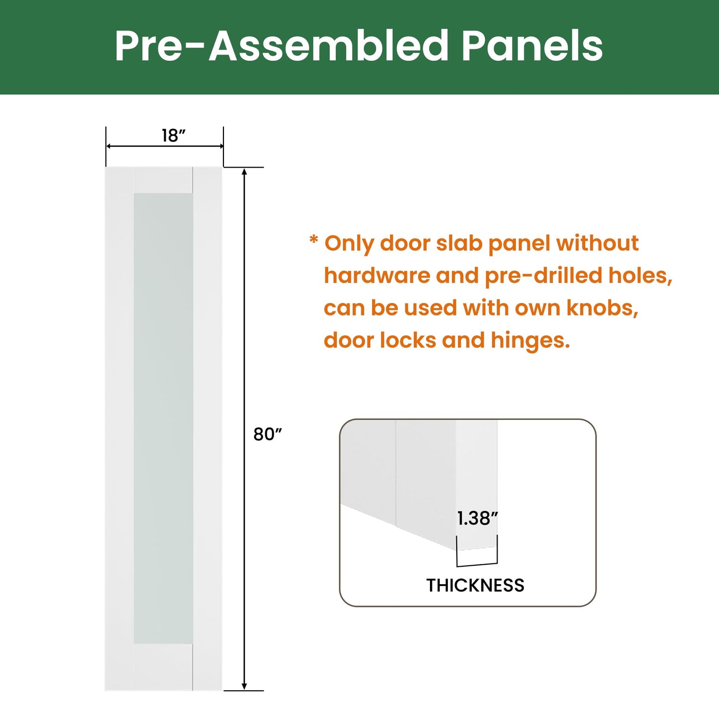 SMARTSTANDARD 18" x 80" Slab Door, Solid Core Frosted Glass Pantry Door
