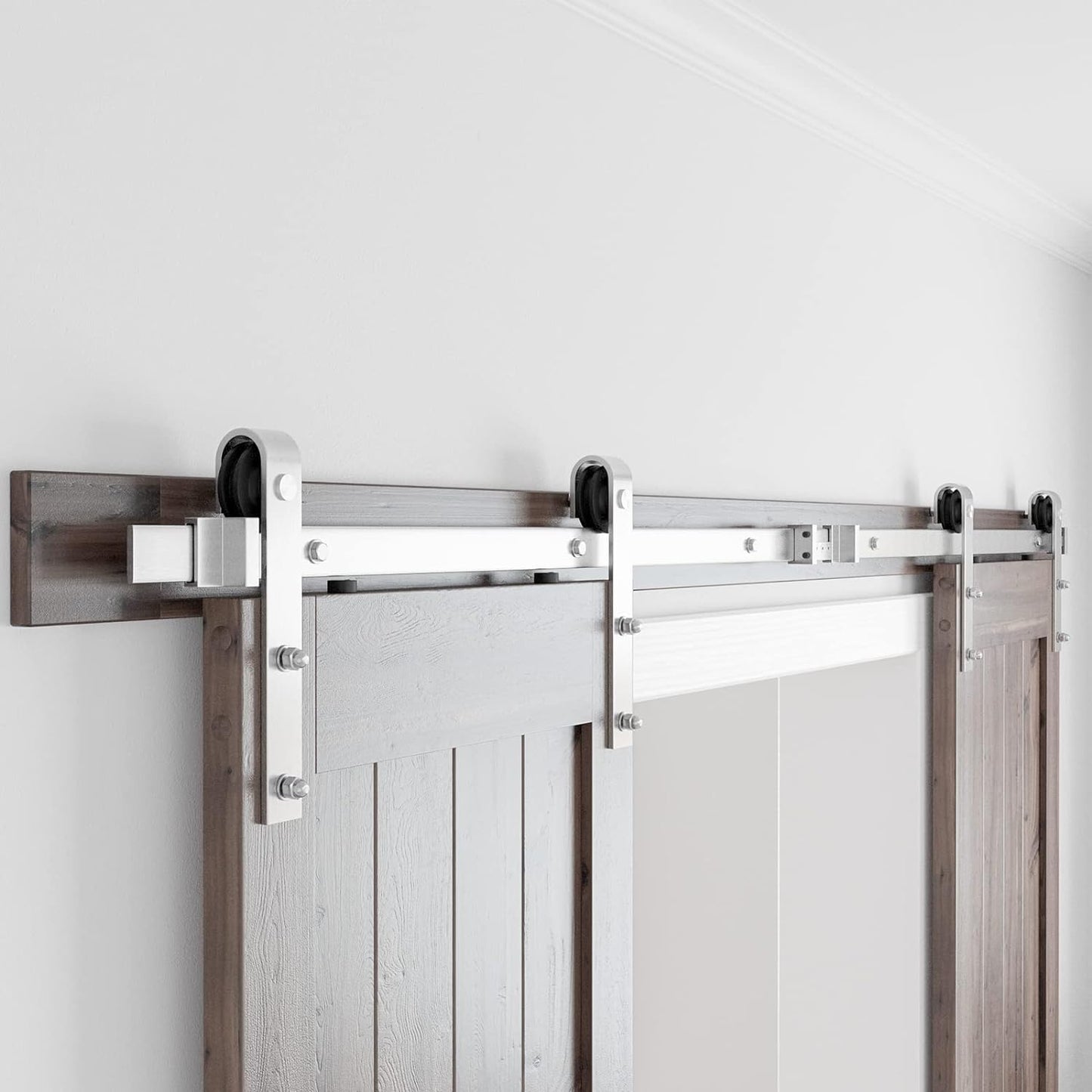 Double Sliding Barn Door Hardware Kit, Brushed Nickel, J Shape Hanger