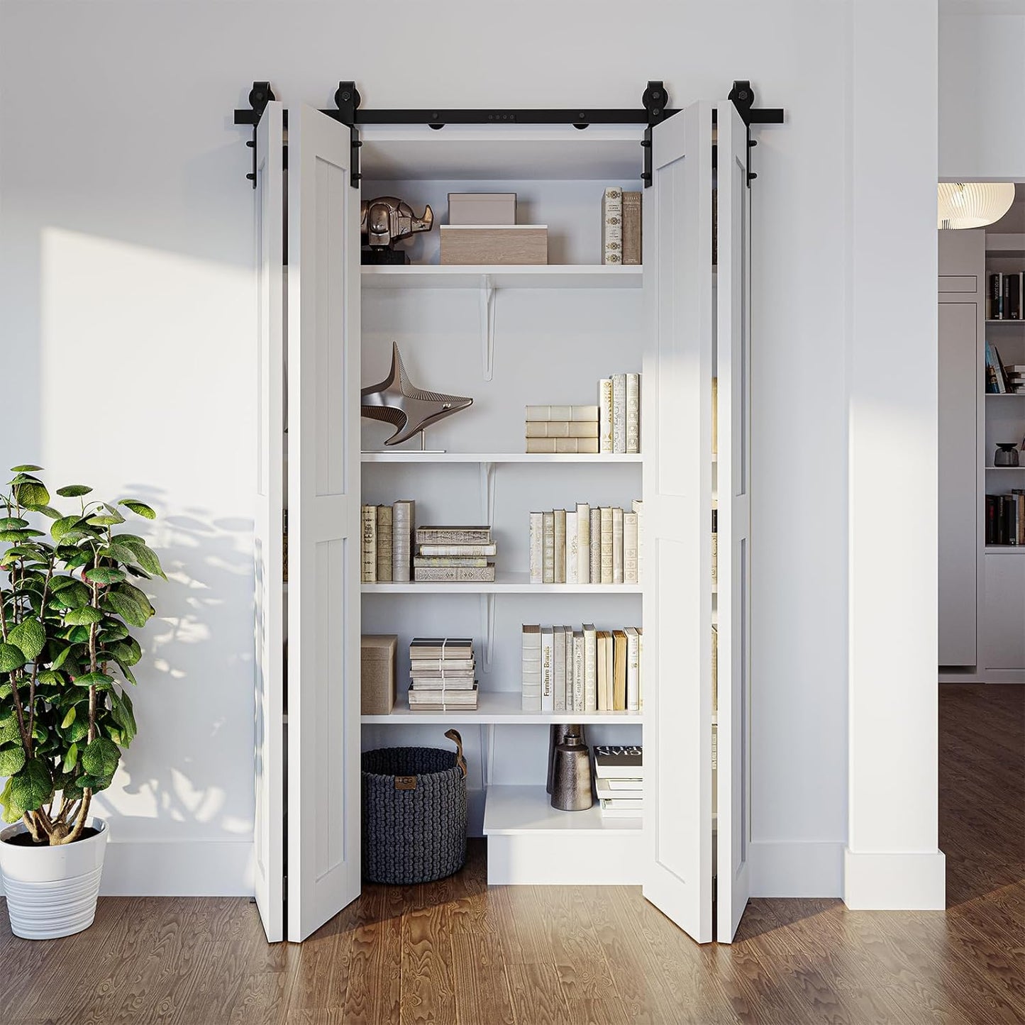 Bi-Folding Sliding Barn Door Hardware Kit, J Shape Hanger