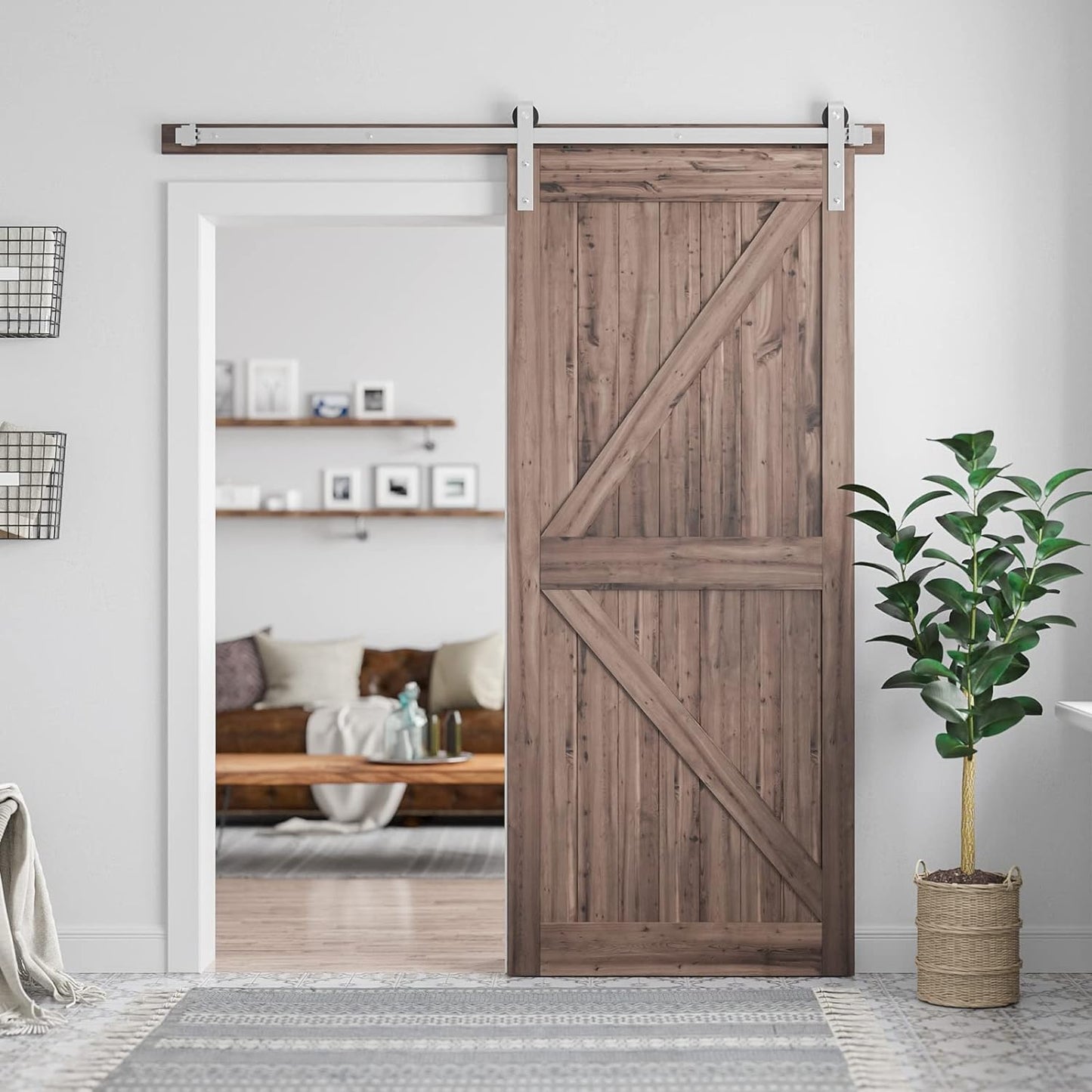 Sliding Barn Door Hardware Kit, Brushed Nickel, J Shape Hanger