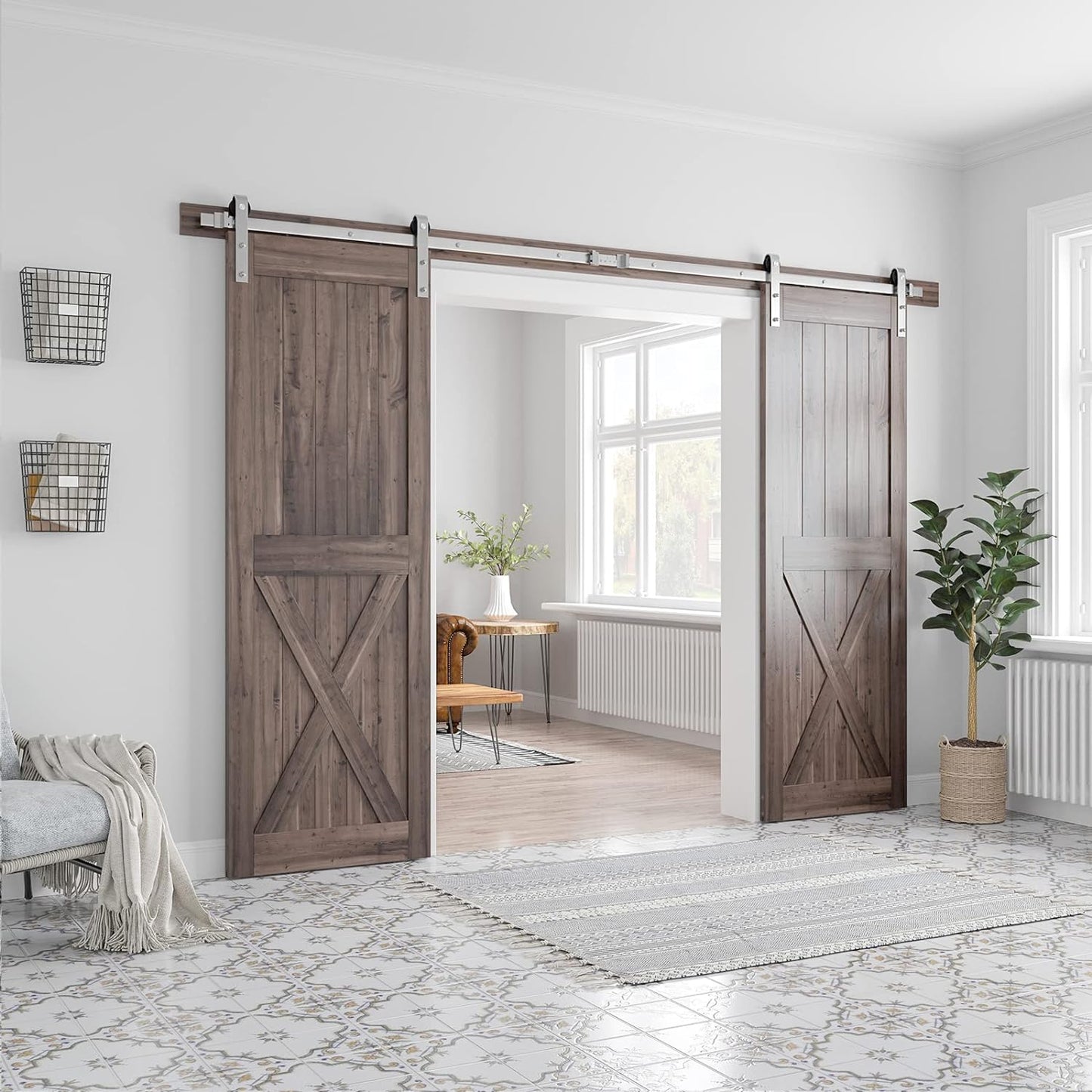 Double Sliding Barn Door Hardware Kit, Brushed Nickel, J Shape Hanger