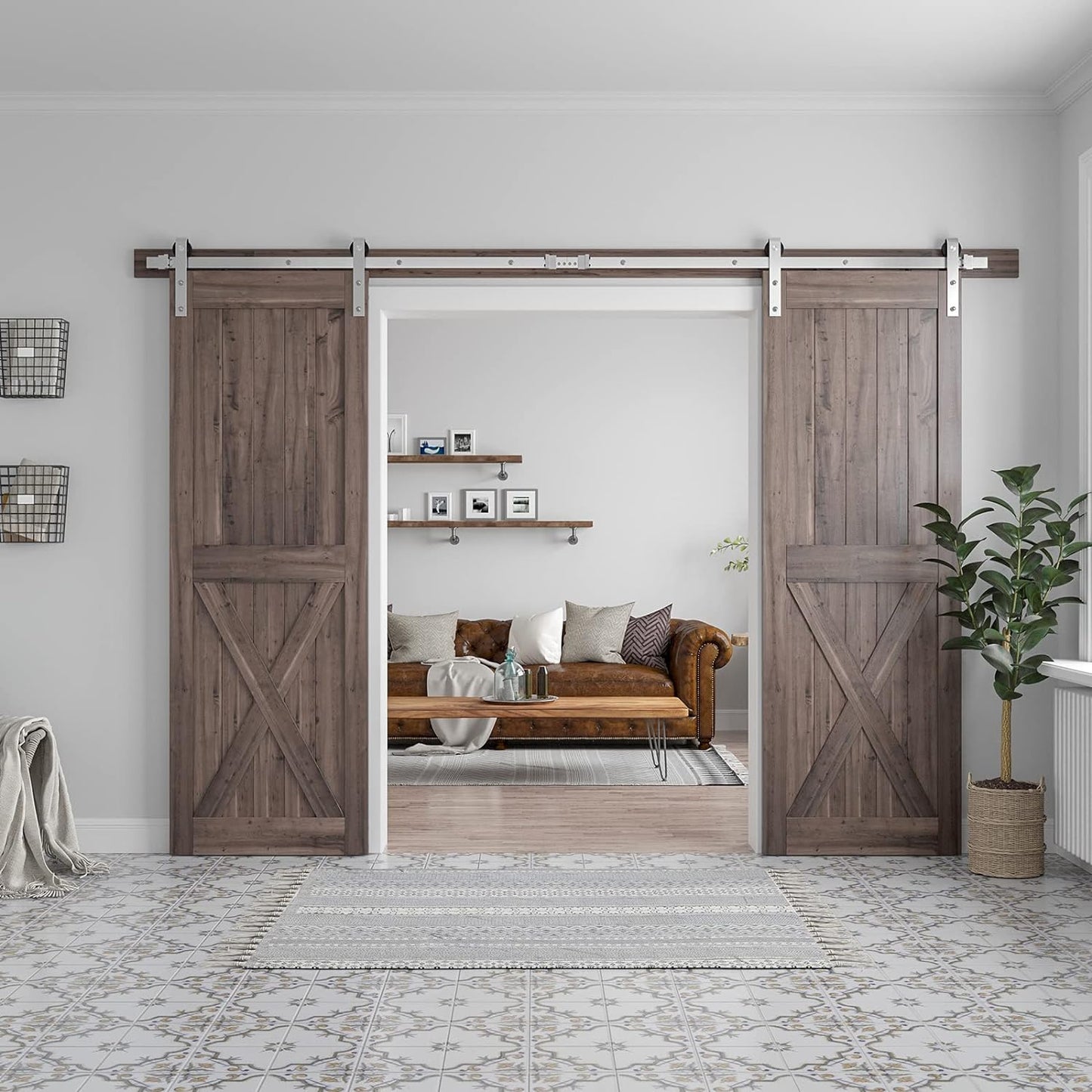 Double Sliding Barn Door Hardware Kit, Brushed Nickel, J Shape Hanger