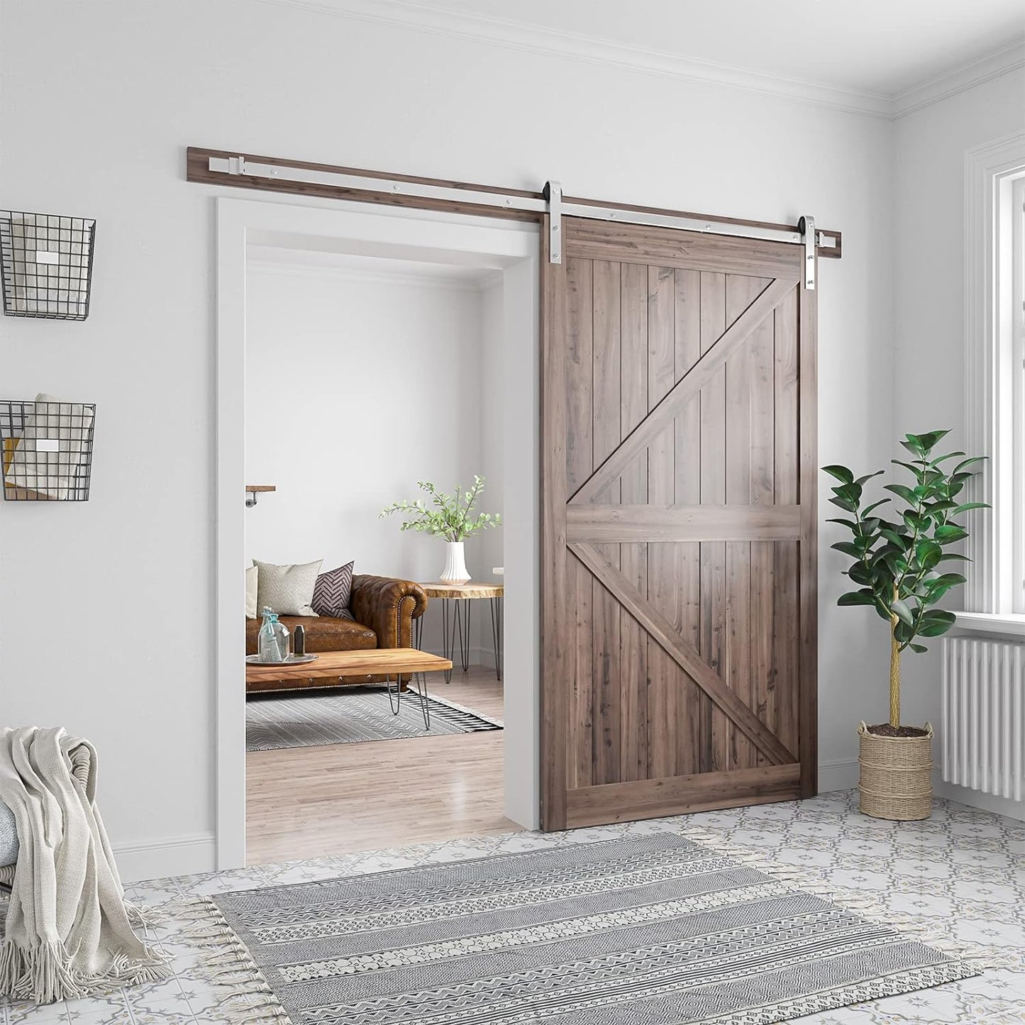 Sliding Barn Door Hardware Kit, Brushed Nickel, J Shape Hanger